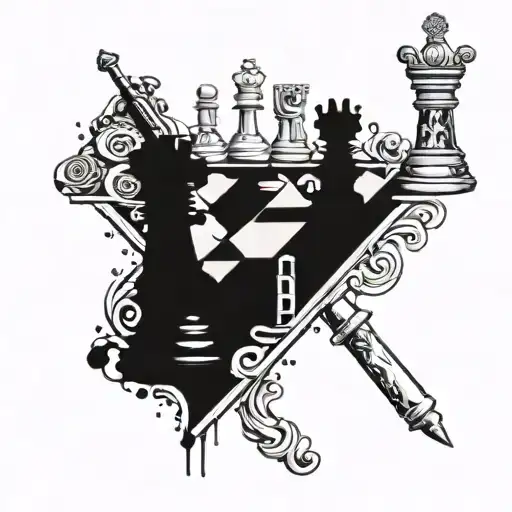 Chess And Rifle And Poker Chip And Ink Pen