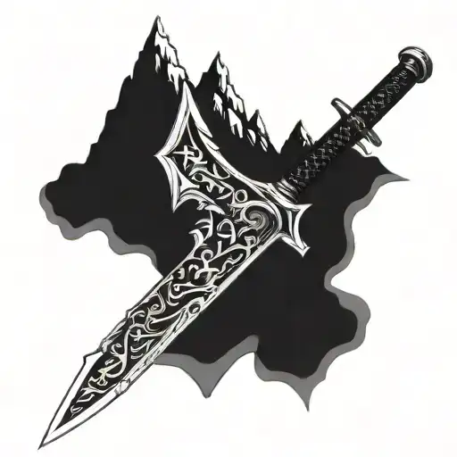 Metallic Sword With Mountain Ranges On The Blade