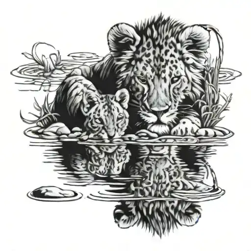 Lion Cub Seeing Future Reflection Through Water