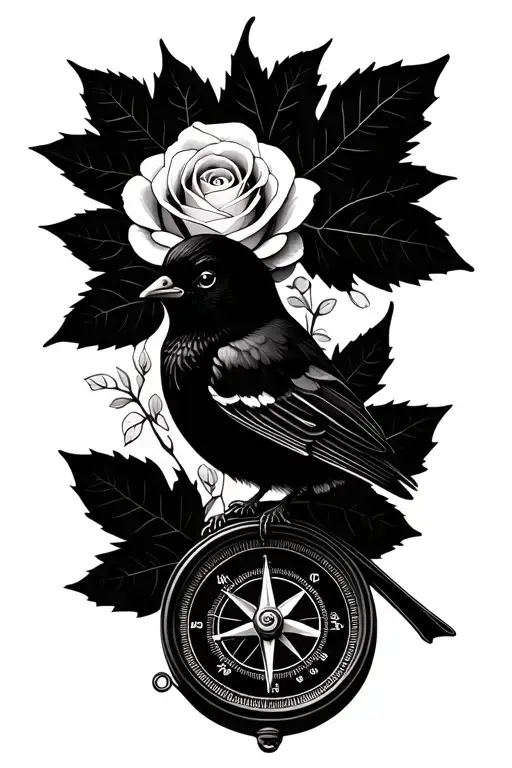 White Rose With A Robin Sat On A Leaf Wrapped Around A Compass With A Set Of Co-ordinates
