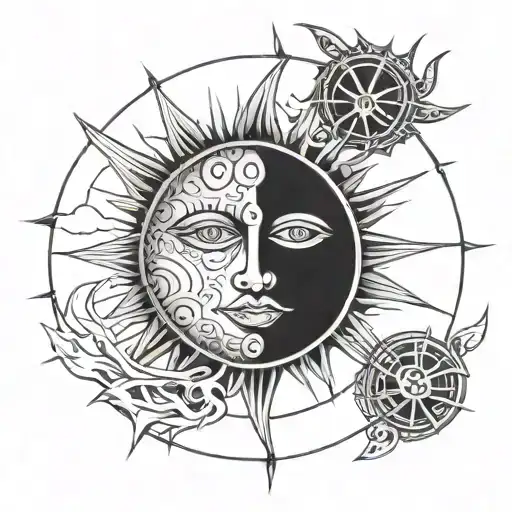 A Sketch Style Tattoo Of A Sun Face With Hidden Occult Symbols And References To Witchcraft