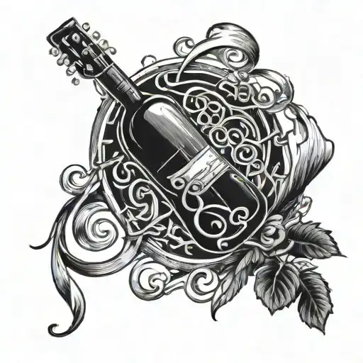 A Guitar Vine Winding Around A Bottle Of Wine With Musical Notes Floating In The Background