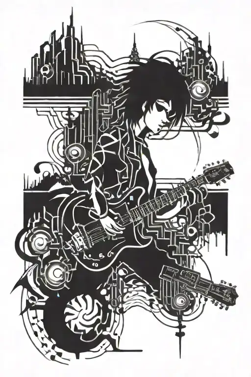 An Abstract Tattoo Design Combining Elements Of Rock Music And Anime In A Blackwork Style