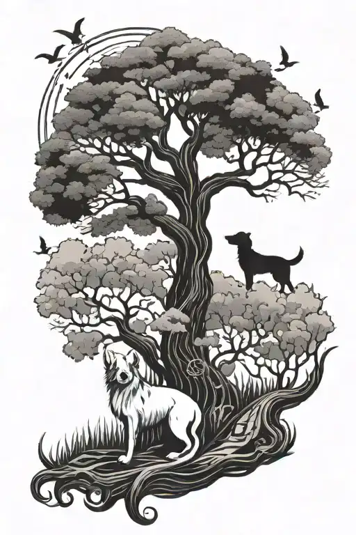 A Nature Scene With A Guitar-shaped Tree And A Dog Sitting Underneath