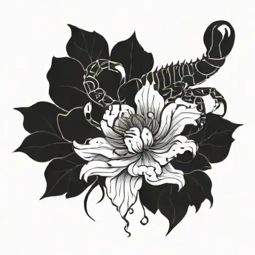 A Detailed Blackwork Tattoo Of A Scorpion Surrounded By Peonies