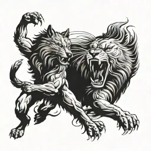 A Combination Tattoo Of A Wolf And Lion In A Fierce Battle Pose