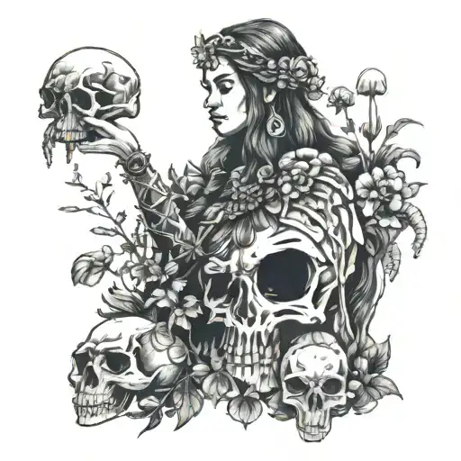 Shaman Woman Holding Animal Skull Overgrown By Mushrooms