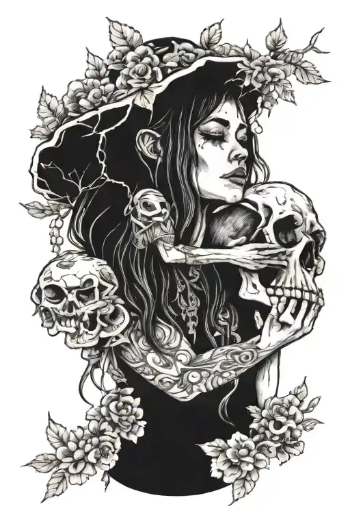 Shaman Woman Holding In Hands Animal Skull Overgrown By Mushrooms