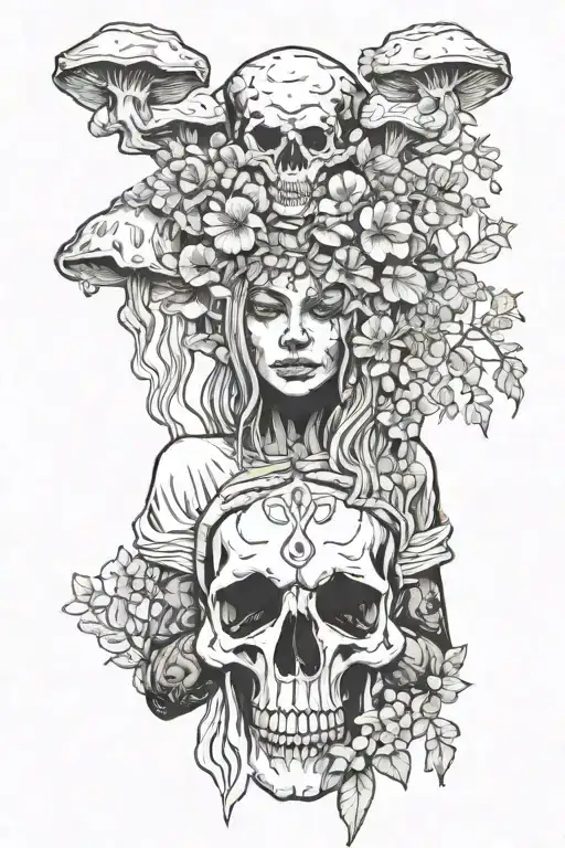 Shaman Woman Holding In Hands Animal Skull Overgrown By Mushrooms