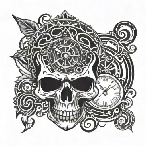 Maori Tattoo Skull With Clock