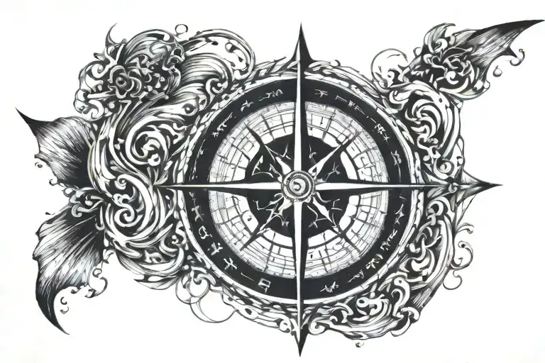 A Combination Of Moon Phases And Water Waves Forming A Unique Compass Rose
