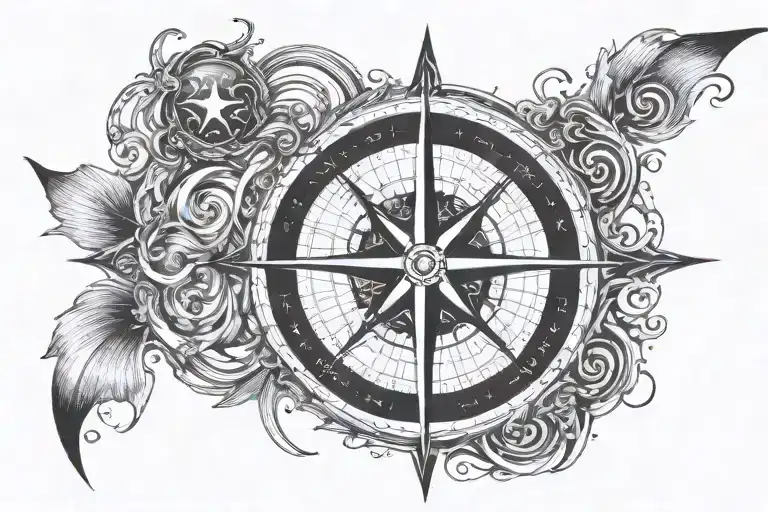 A Combination Of Moon Phases And Water Shapes Waves Forming A Unique Compass Rose Tattoo Small Lines