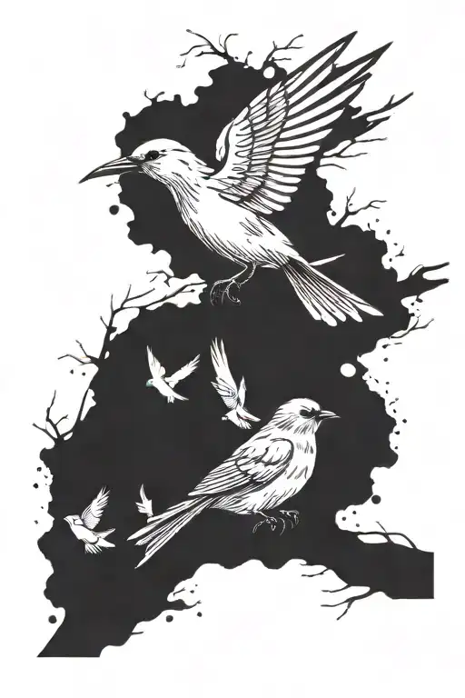 A Bird Flying Away From Other Birds That Are Sitting On A Branch
