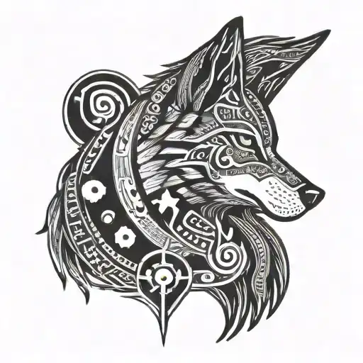 Ancient Egyptian Hieroglyphics Combined With A Wolf Motif