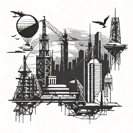 A Futuristic Cityscape With Construction Cranes And Space Shuttles Flying Overhead
