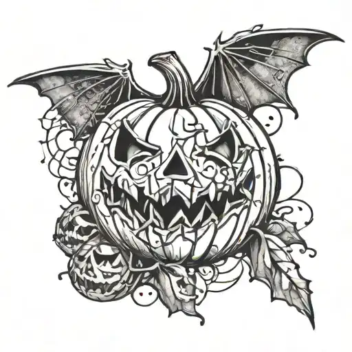 A Ghost And Pumpkin And Bats And Spiderweb Tattoo Design Combining