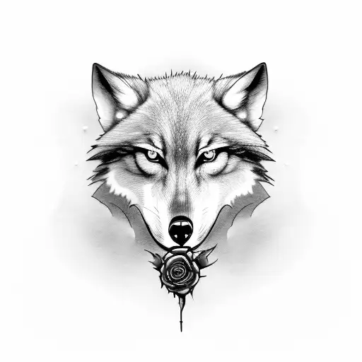 Lone Wolf With Rose On The Mouth