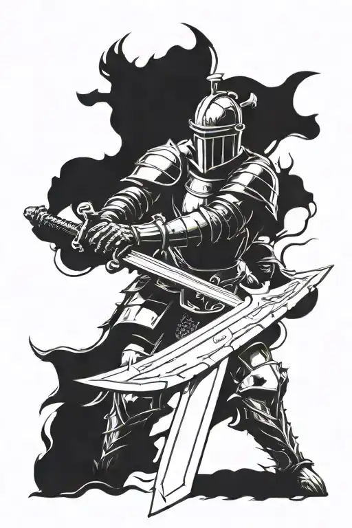 A Knight Stood Up Resting And Looking Down At A Large Sword In Remorse And Reflection