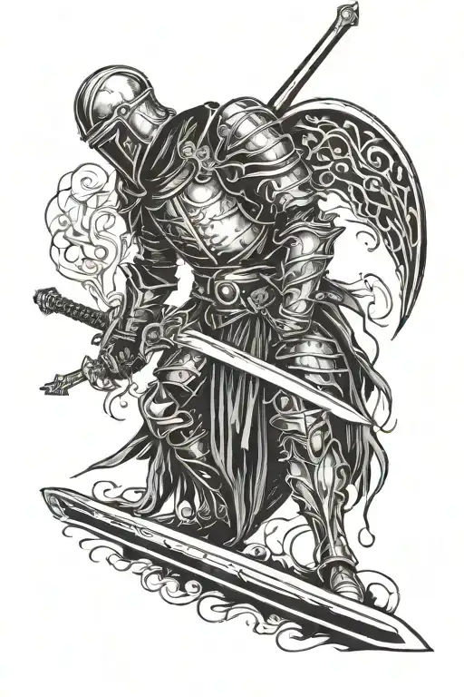 A Knight Stood Up Resting And Looking Down At A Large Sword In Remorse Woodcut