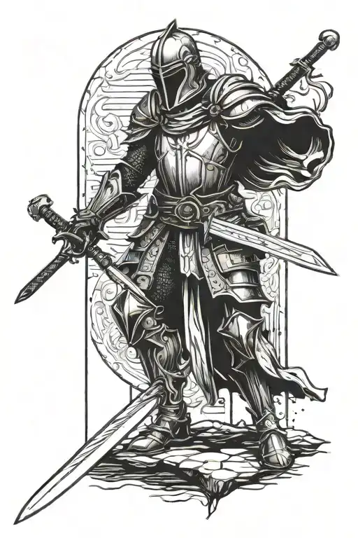 A Knight Stood Up Resting And Looking Down At A Large Sword In Remorse Woodcut
