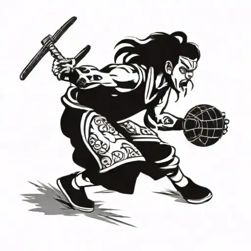 A Basketball Player In Traditional Japanese Attire Holding A Katana On A Court