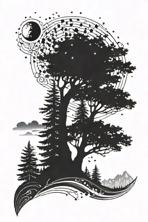 A Forest Scene With A Skyline Of Different Languages Under A Starry Night Sky