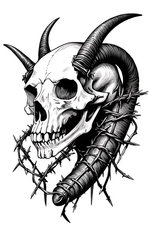 A Long Horn Skull With Barbed Wire