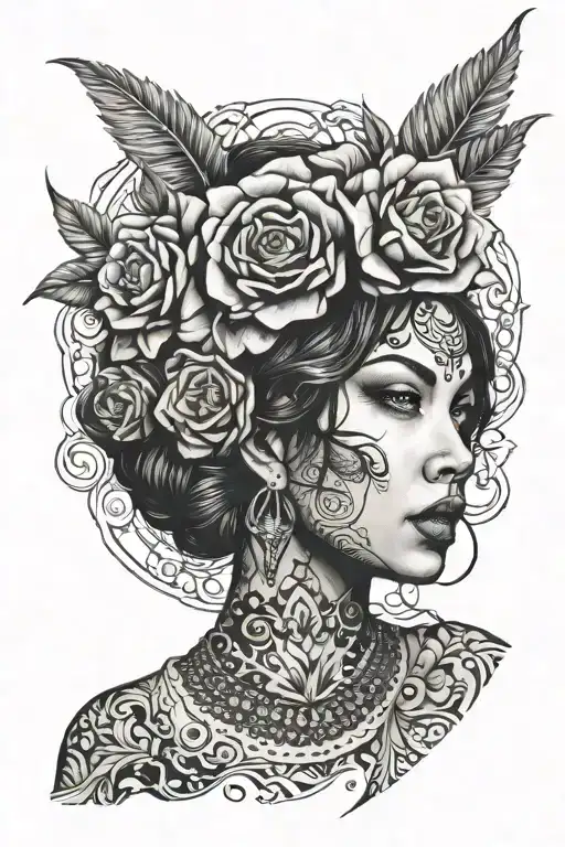 Portrait Of A Chicano Woman With Intricate Tattoos Inspired By Gangster Culture In A Dotwork Style