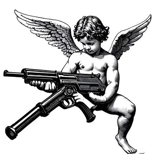 Realistic Cupid Holding Machine Gun Shooting Up At The Stars