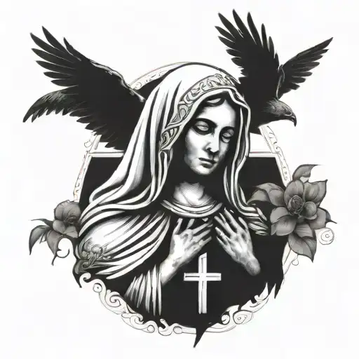Virgin Mary With A Mexican Eagle In The Background With A Cross In The Bottom