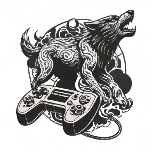 A Blackwork Tattoo Of A Wolf Howling At A Moon Made Of Videogame Controllers