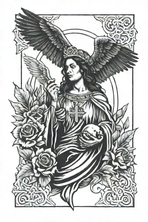 Vrigin Mary With A Mexican Eagle In The Background And A Cross In The Bottom