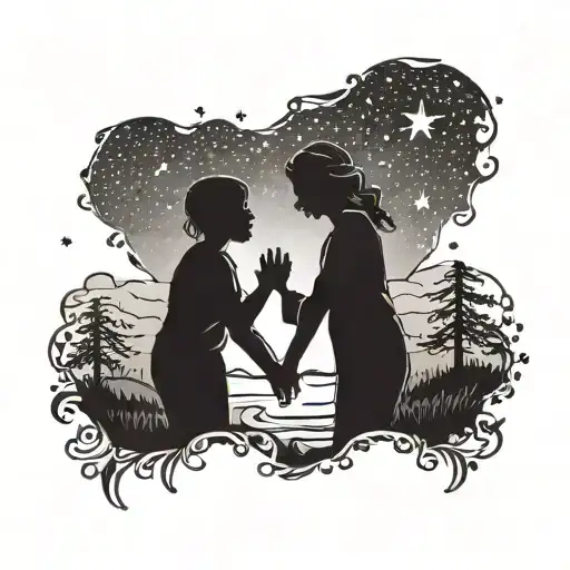 A Silhouette Of A Mother And Son Holding Hands Under A Starry Sky