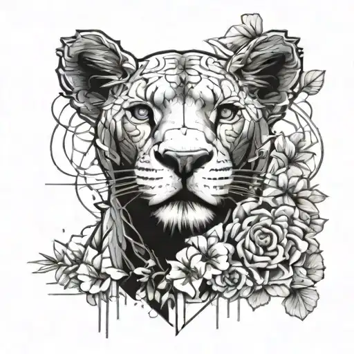 A Futuristic Cyberpunk Version Of A Lioness And Cub Surrounded By Neon Flowers