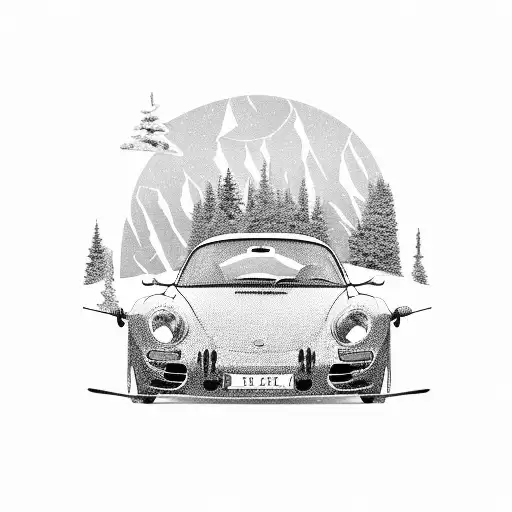 Porshe Car With Ski On Roof In Winter