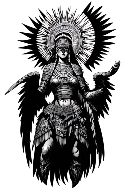 Female Aztec Angel Warrior Wearin Mayan Inspired Armor With Mask And Halo Worshipping The Sun