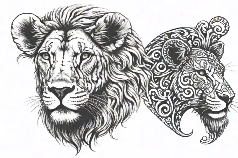 Half Face Lamb And Half Faced Lion Head Profile Holding