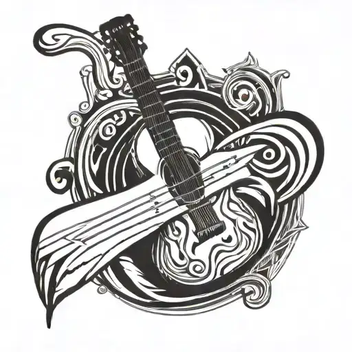 A Minimalist Blackwork Tattoo Of A Guitar And Surfboard Crossed Together