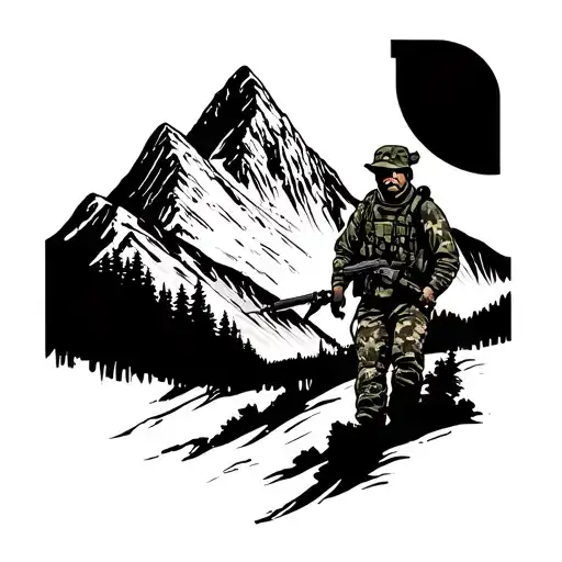 A Mountain Landscape With A Hunter In Camouflage Gear