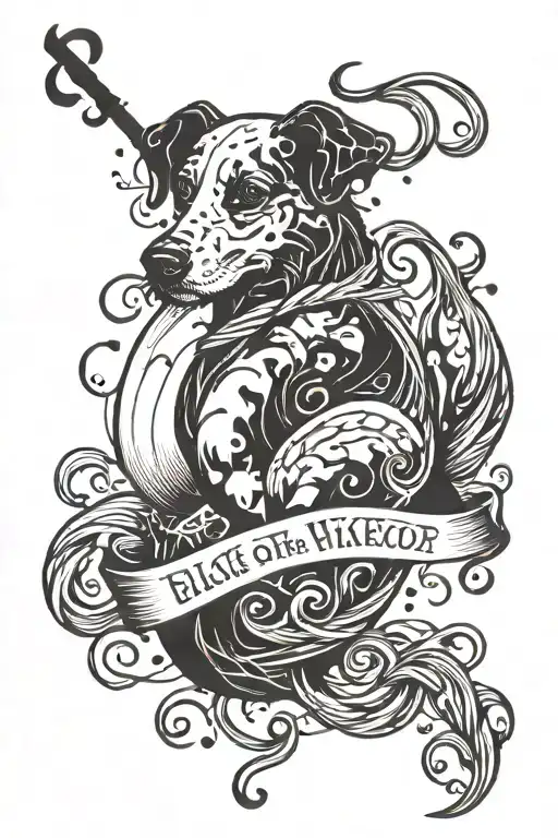 A Blackwork Tattoo Of A Disney Quote Intertwined With Fishing Hooks And A Silhouette Of A Pet Dog