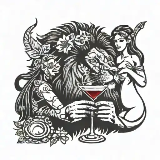 A Lion Holding A Martini Glass Surrounded By Beautiful Women In A Blackwork Style