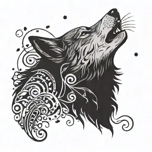 A Wolf Howling At The Moon With Music Notes Swirling Around It