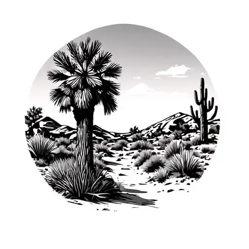 Mohave Desert With Palm Tree And Joshua Tree