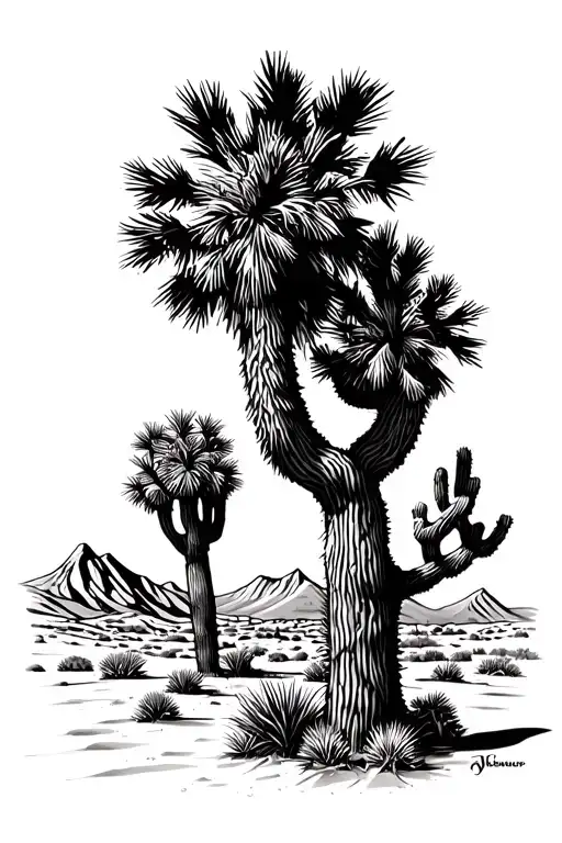 Mohave Desert With Palm Tree And Joshua Tree