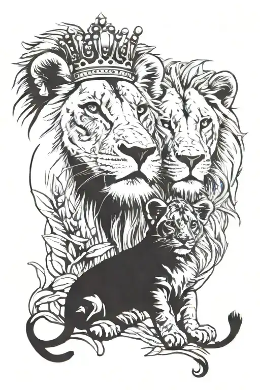 Lion Lioness And Lion Cub With Crown