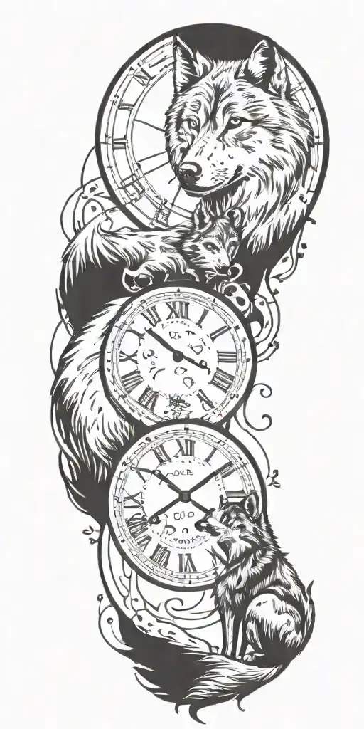 A Wolf And His Son Below A Clock Below Them A Graffiti With Musical Notes