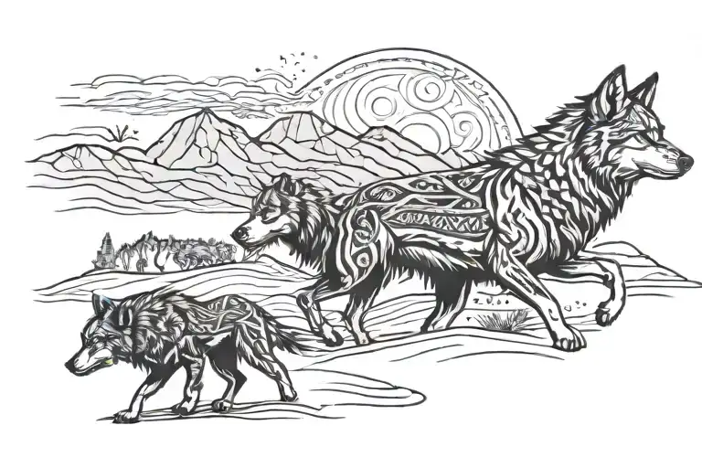 A Tribal-inspired Design Featuring A Wolf Pack Racing Through A Desert Landscape