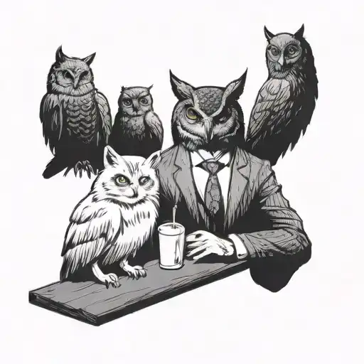 An Insurance Broker Discussing Policies With An Owl And A Cat At A Bar