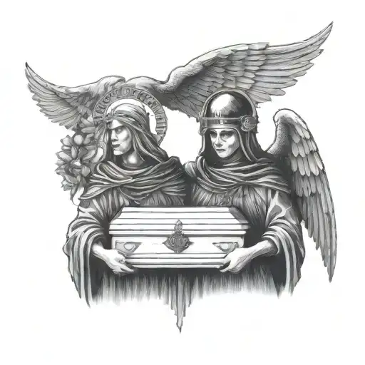 Two Dark Angels Made Of Robes With A Halo And An Occult Vibe Carrying A Coffin
