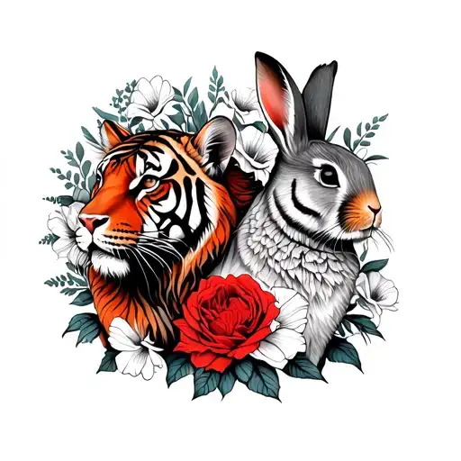 Rabbit And Tiger Surrounded By The Flower Of Lisianthus And Red Lion